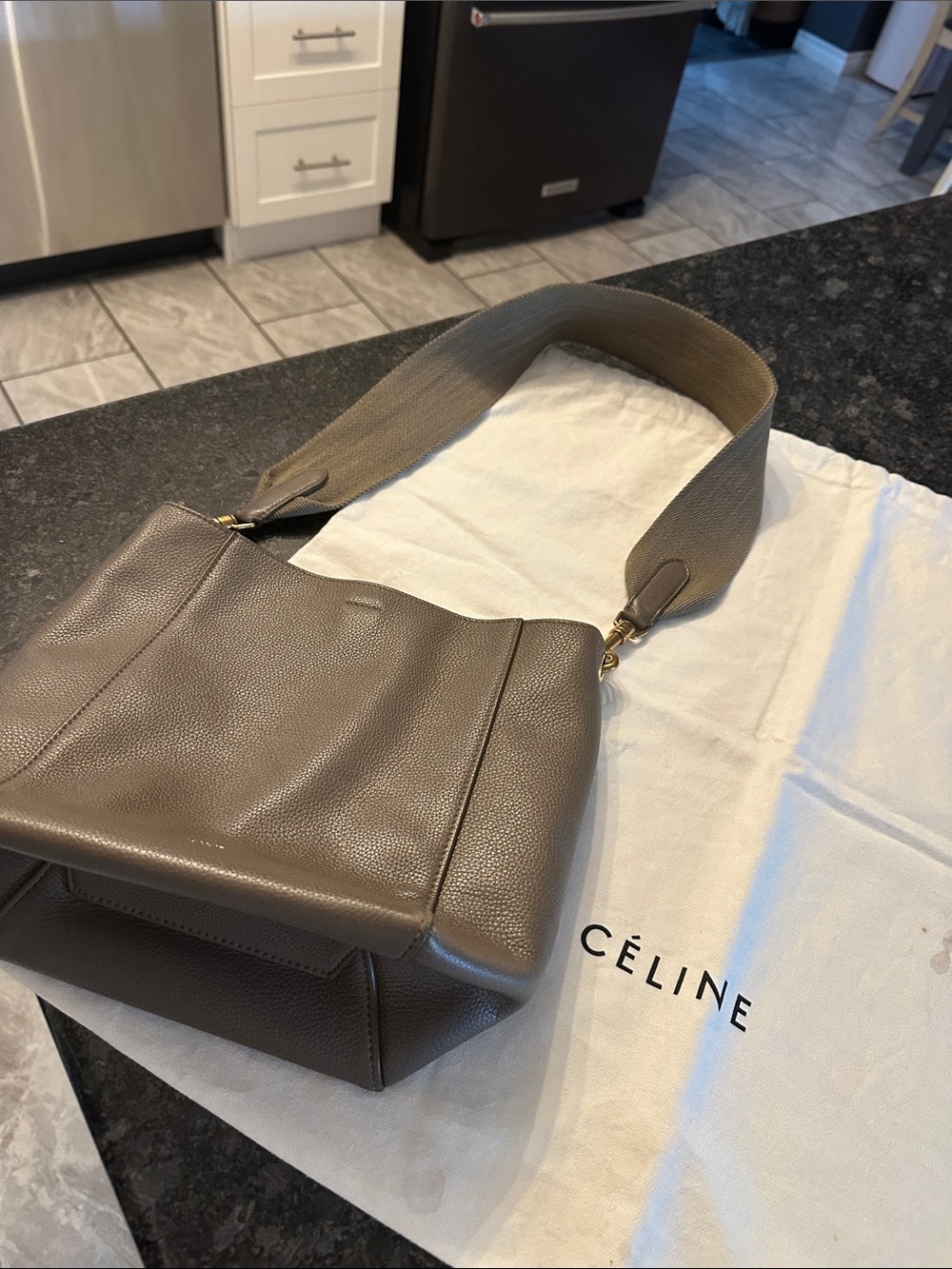 Celine Taupe Pebbled Leather Mini Sangle  Bag with Wide Strap